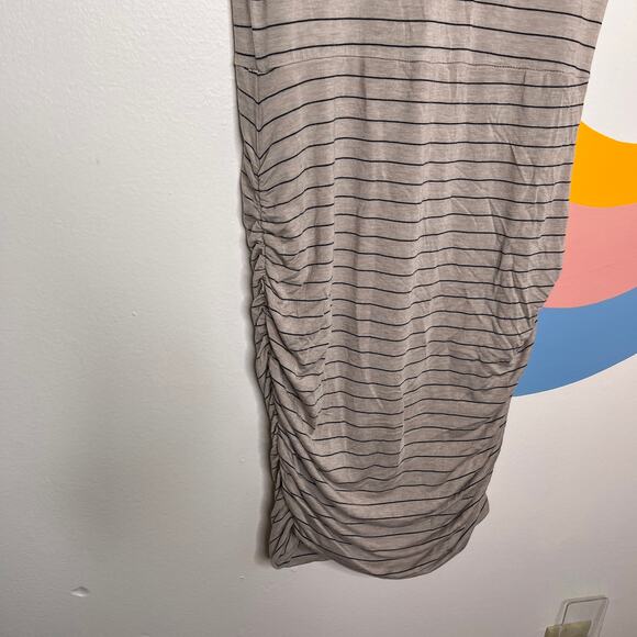 prAna Striped V Neck Midi T Shirt Dress Womens Size S Taupe Gray Ruched Stretch - Picture 5 of 7